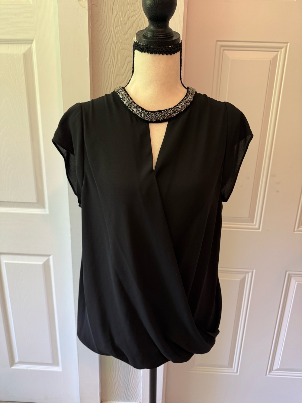 Massimo Black Beaded Neck Draped Blouse
